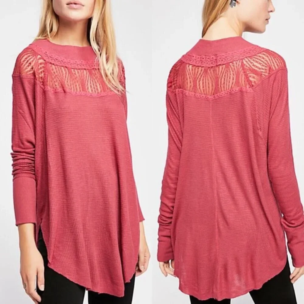 Free People Spring Valley Thermal Knit Lace Top in Raspberry Pink Women's SZ S
